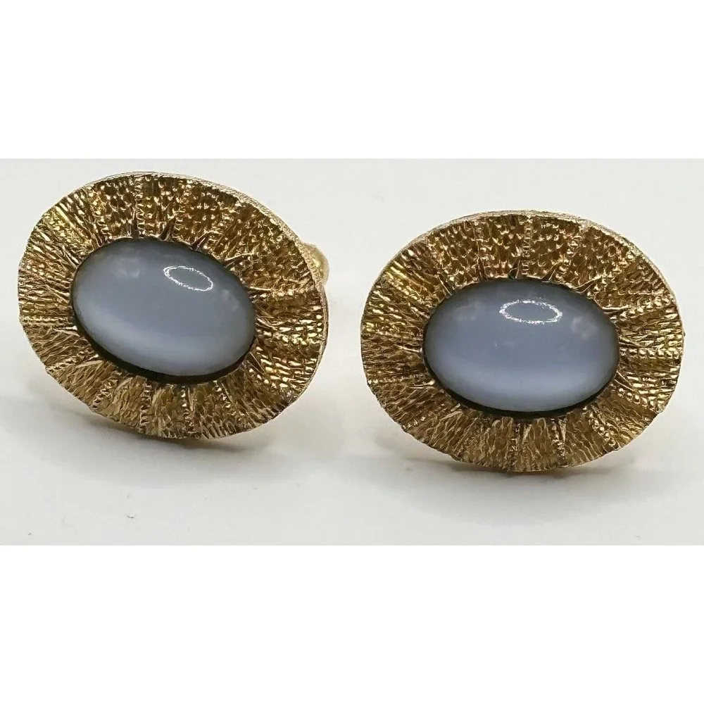 Ornate Goldtone Light‎ Blue Moonglow Glass Cufflinks
